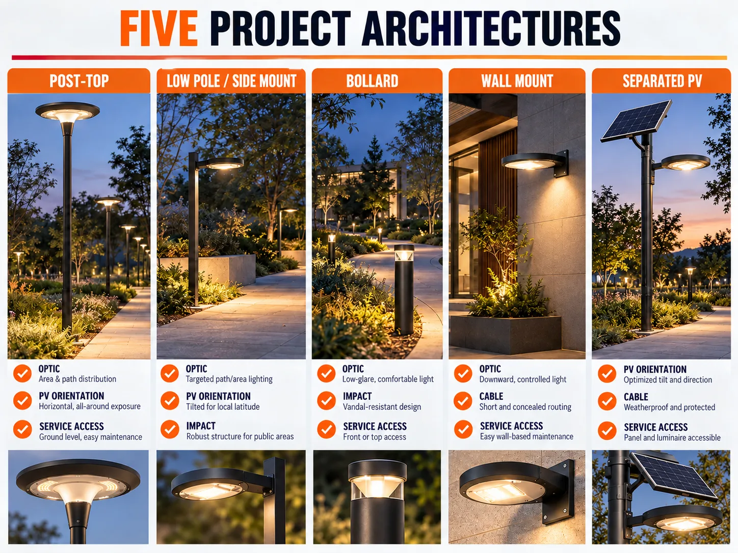 Solar garden lights comparison of post top pole bollard wall and separated panel systems