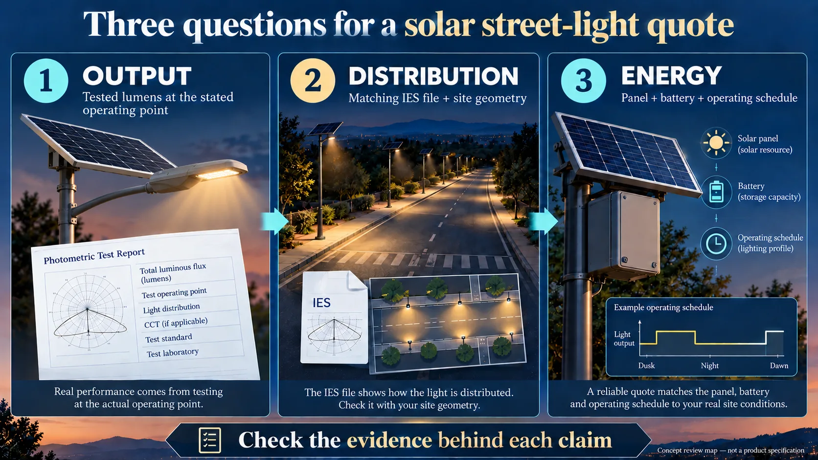 Solar street-light quote review separating luminaire output, optical layout and energy support