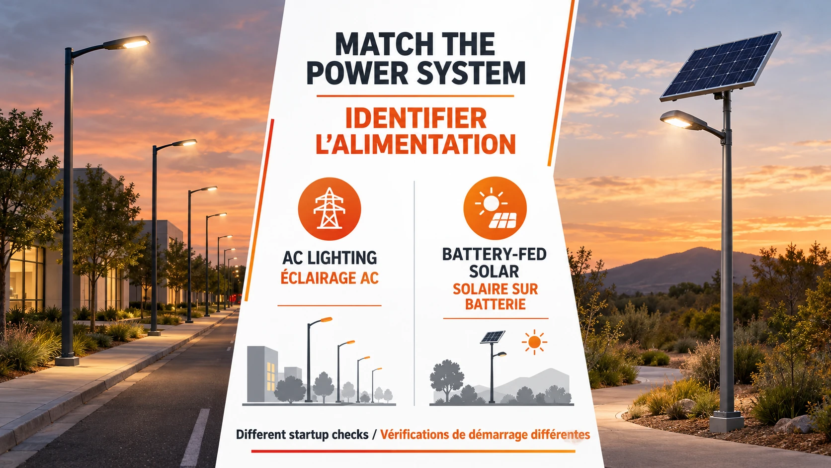 AC street lighting and battery-fed solar lighting with different startup verification boundaries