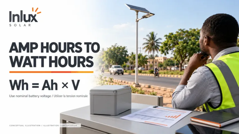 Amp hours to watt hours formula beside a conceptual solar street-light battery and quotation