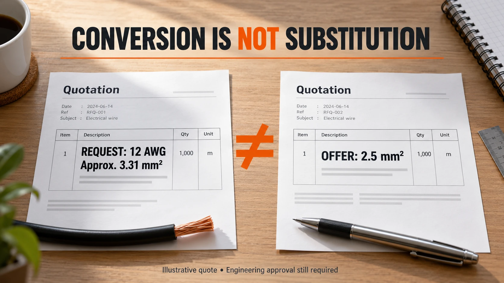 Illustrative quotation comparing 12 AWG at 3.31 mm² with a 2.5 mm² cable offer