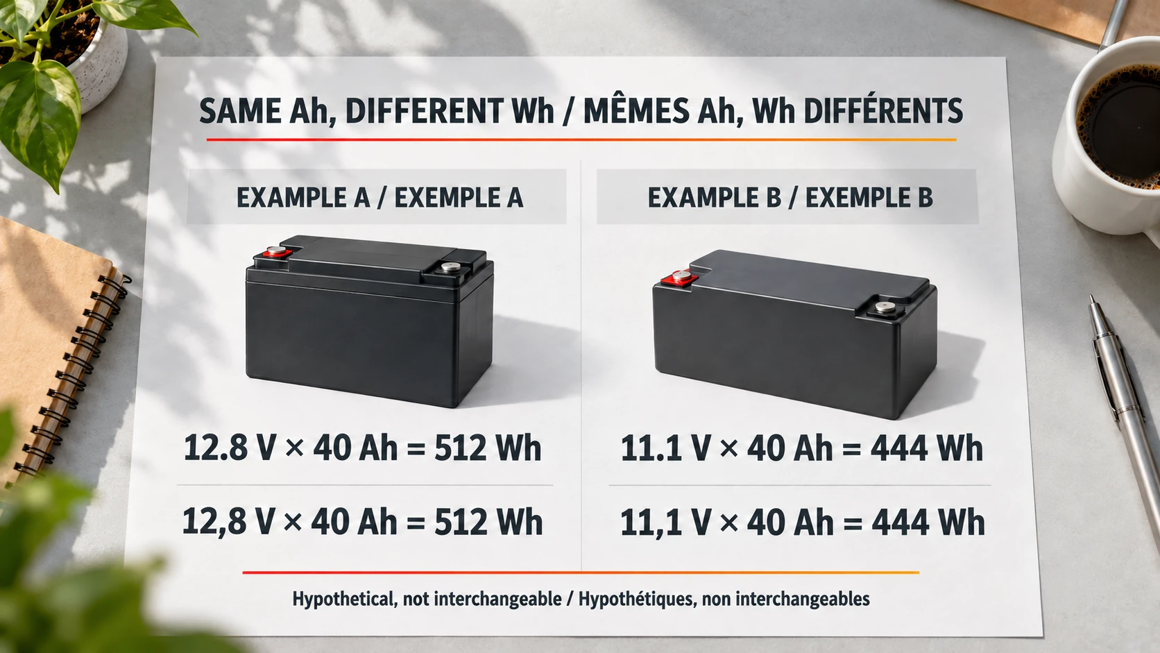 Hypothetical 40 Ah packs at 12.8 V and 11.1 V give 512 Wh and 444 Wh, not interchangeable batteries