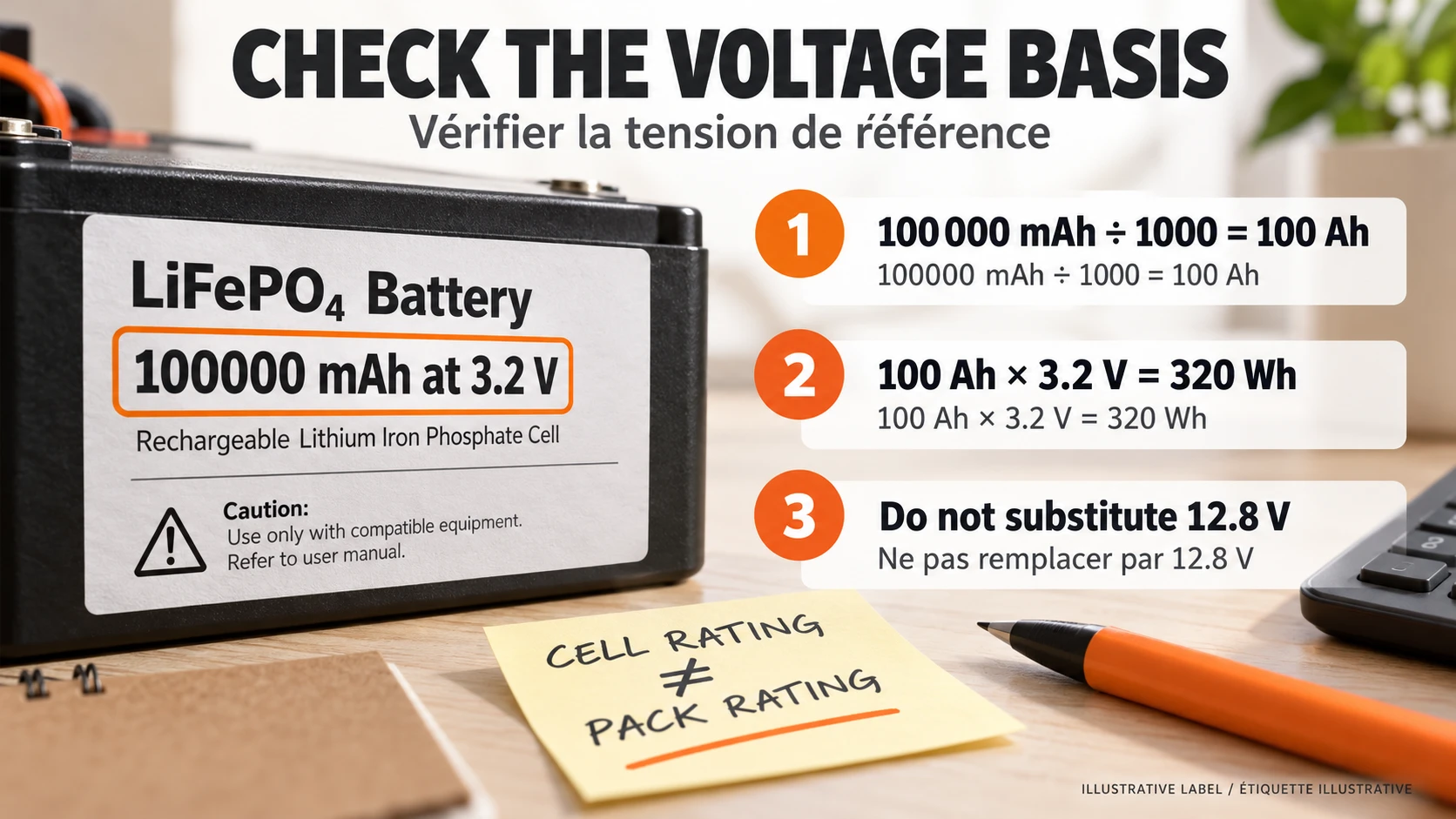 A capacity-label example converts 100000 mAh at 3.2 V to 320 Wh without changing the voltage basis