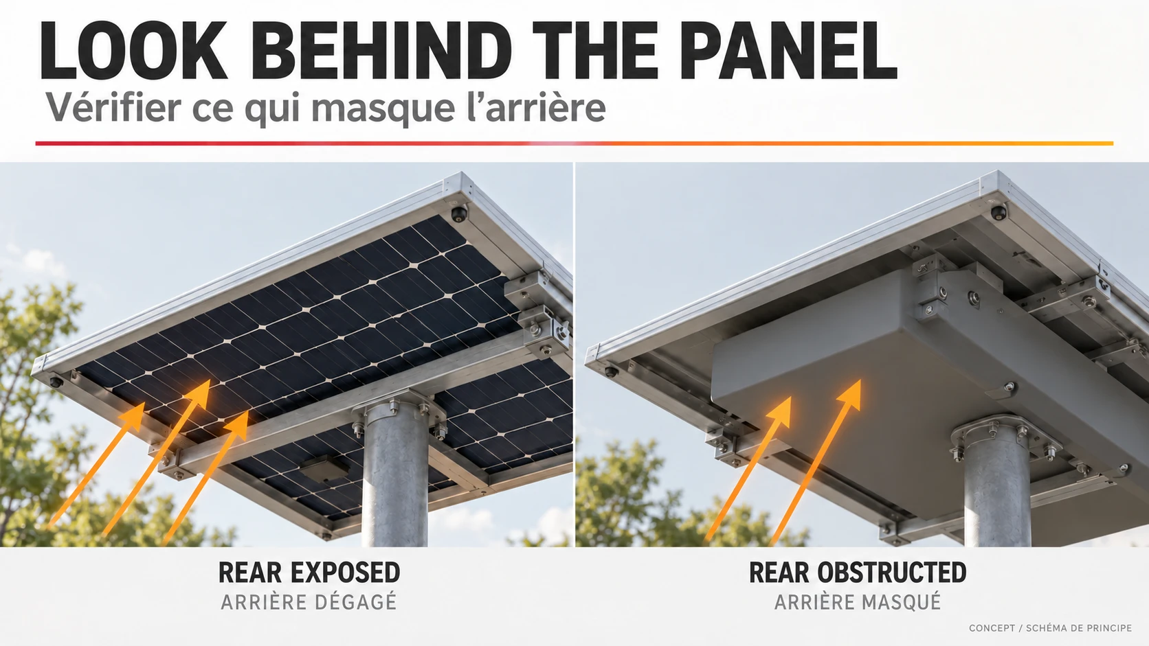 Concept comparison of a bifacial module with an exposed rear and one obstructed by a lighting enclosure