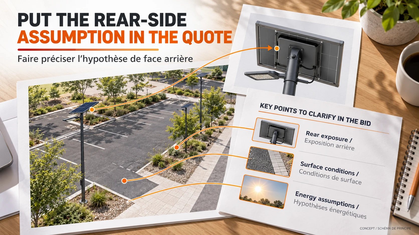 Solar lighting procurement review linking rear exposure, site surfaces and a documented energy assumption