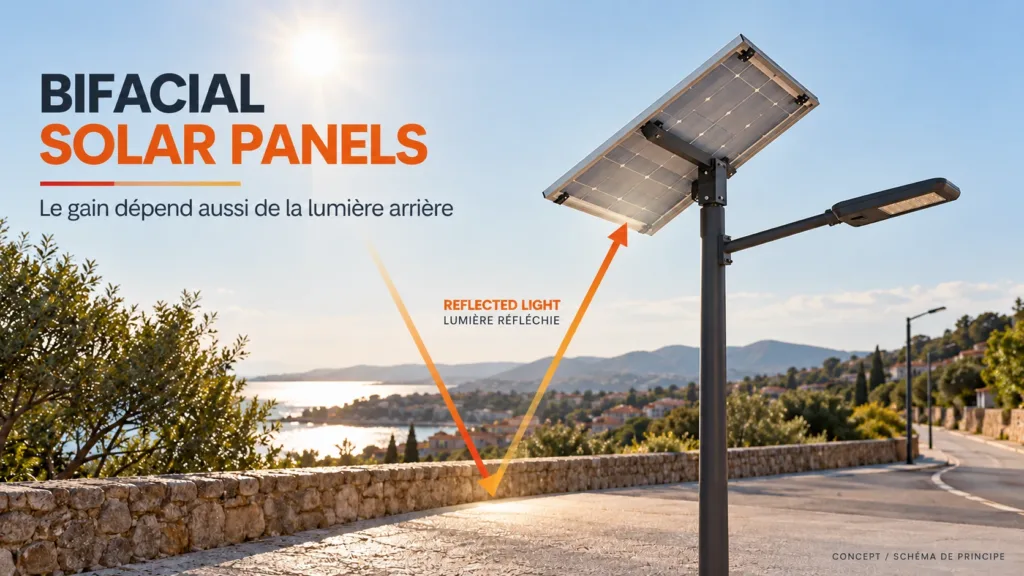 Principe d’un panneau solaire bifacial recevant la lumière sur la face avant et par réflexion à l’arrière