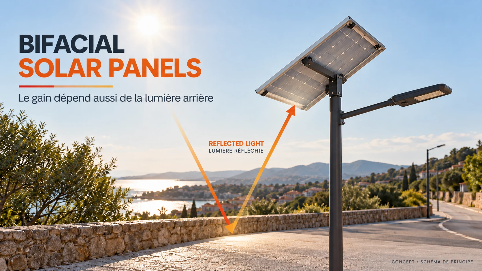 Bifacial solar panels concept showing front sunlight and reflected light reaching an open rear surface