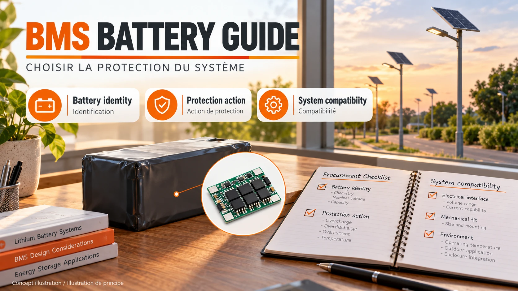 BMS battery guide showing a solar light, sealed battery pack and protection review