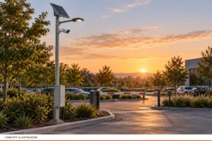 Camera pole concept combining surveillance, solar power and parking-area lighting