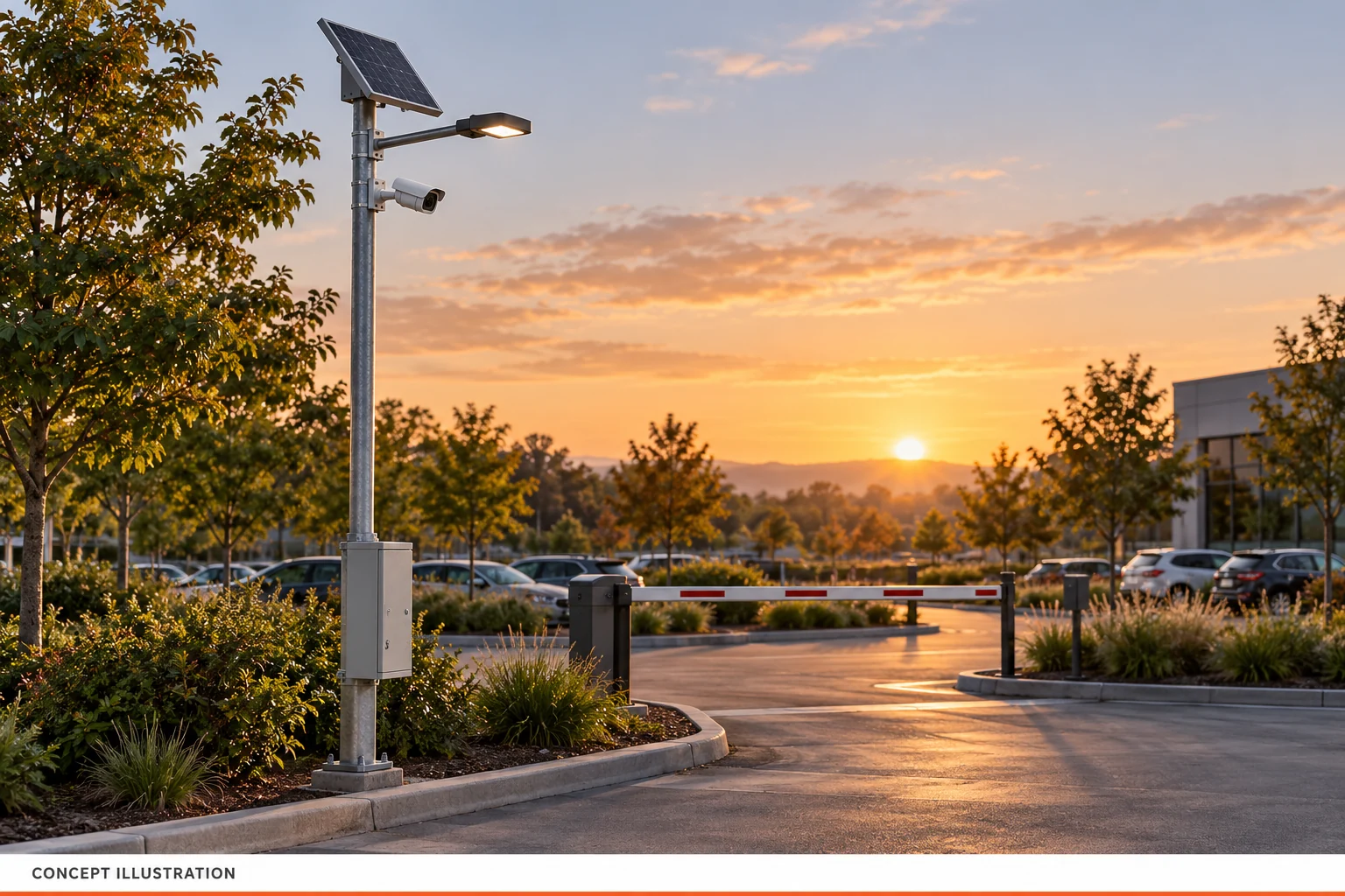 Camera pole concept combining surveillance, solar power and parking-area lighting