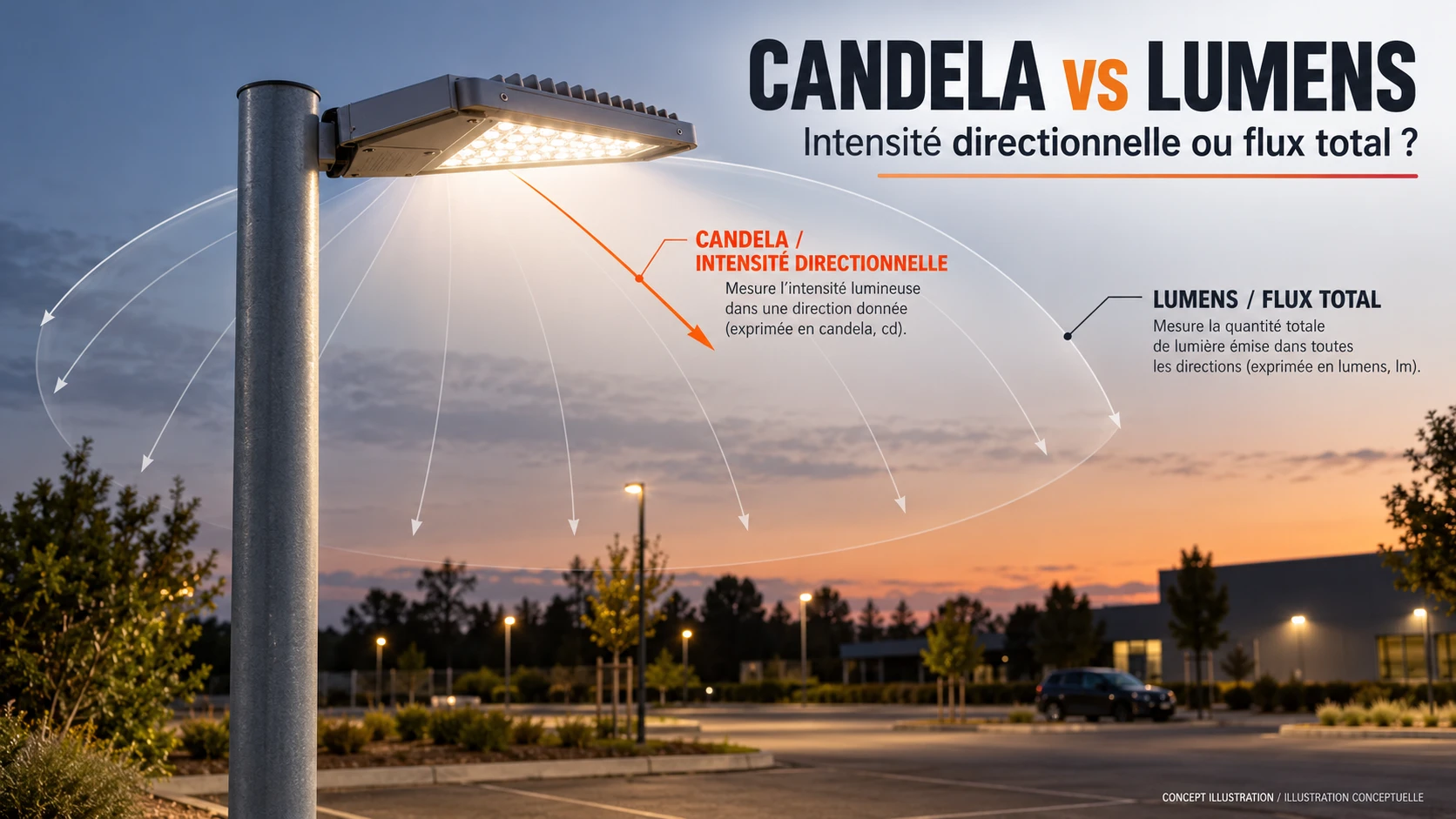 Candela vs lumens concept showing total light output and intensity in one direction