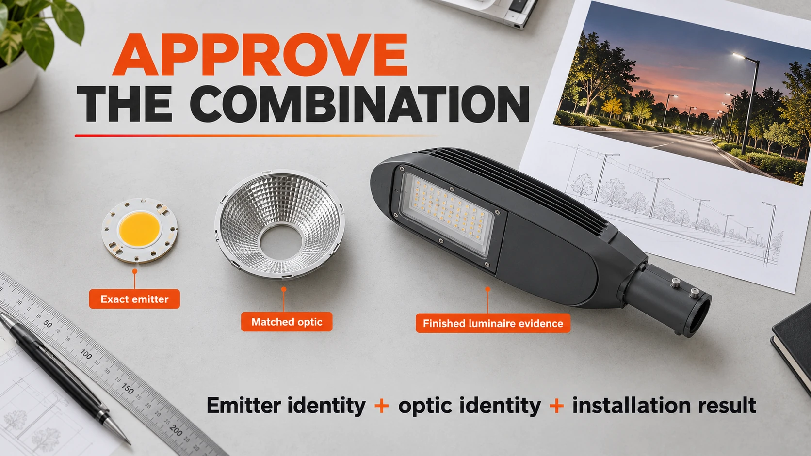 Conceptual procurement review pairs the exact COB emitter, optic and finished luminaire evidence