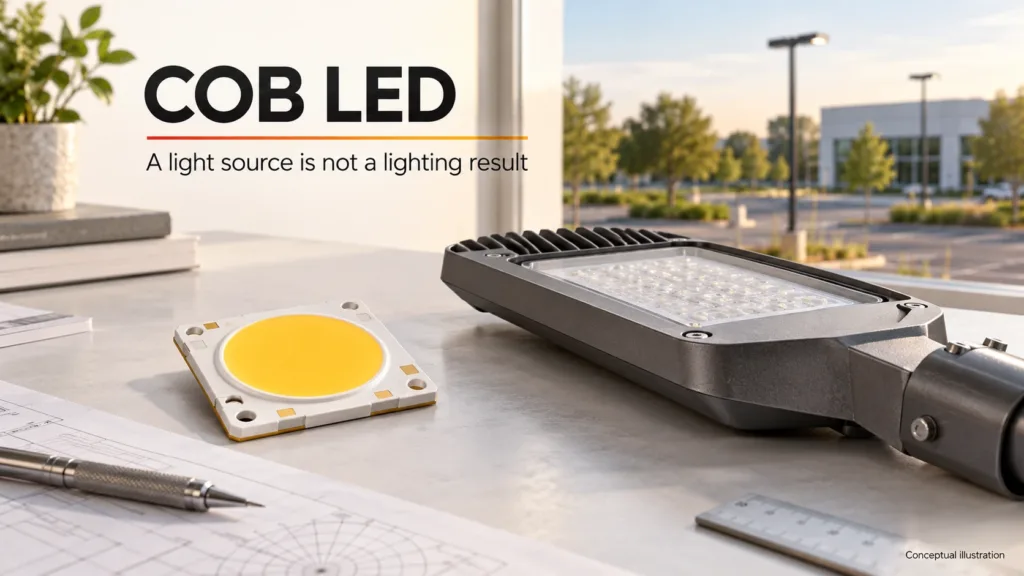 COB LED light source beside an unpowered outdoor luminaire in a conceptual buying guide