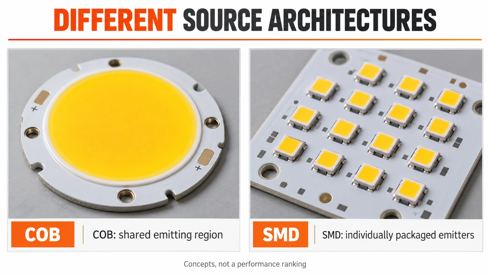 Conceptual COB common emitting region compared with separate packaged SMD LEDs on a board