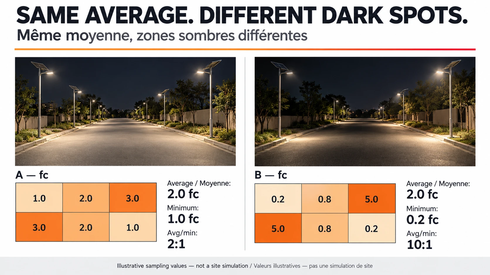 Two illustrative six-point grids share a 2 fc average but have different minimum illuminance