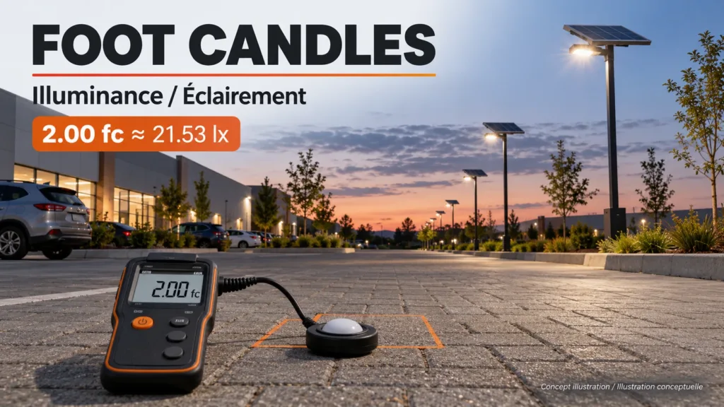 Foot candles measure light arriving on a surface in an illustrated outdoor lighting scene