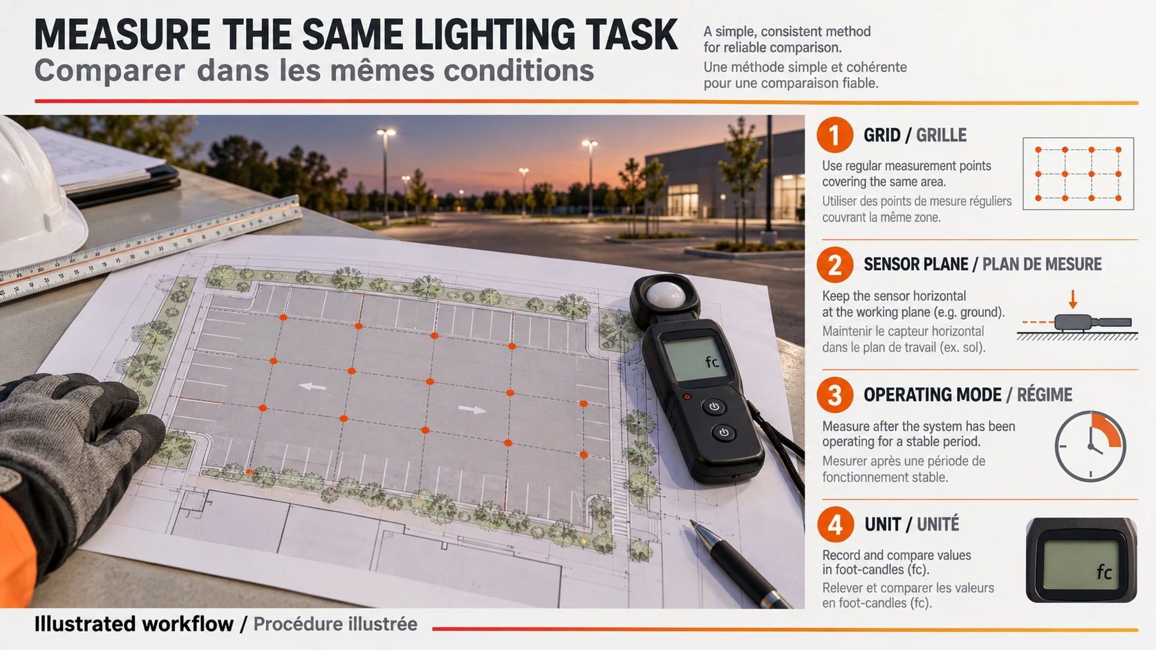 Illustrated lighting survey plan recording the grid, sensor plane, operating mode and meter unit
