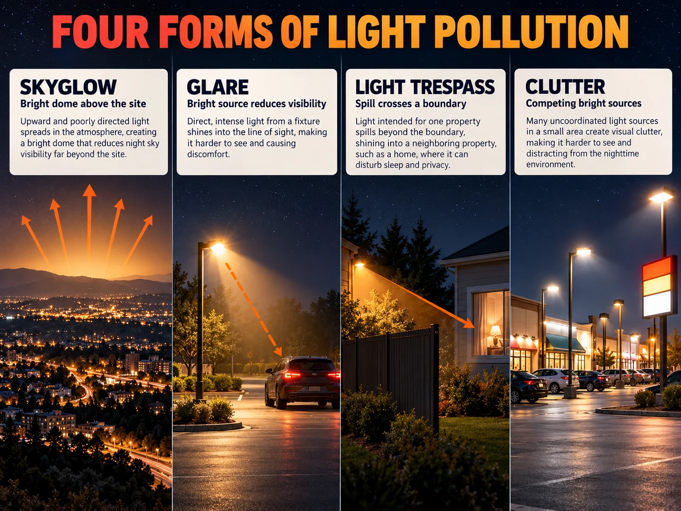 Four types of light pollution: skyglow, glare, light trespass and clutter