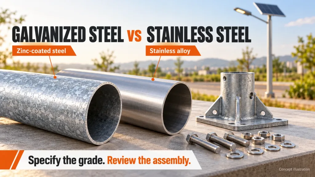 Galvanized steel vs stainless steel samples and lighting assembly documents