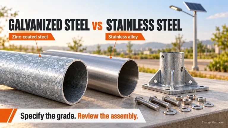 Galvanized steel vs stainless steel samples and lighting assembly documents