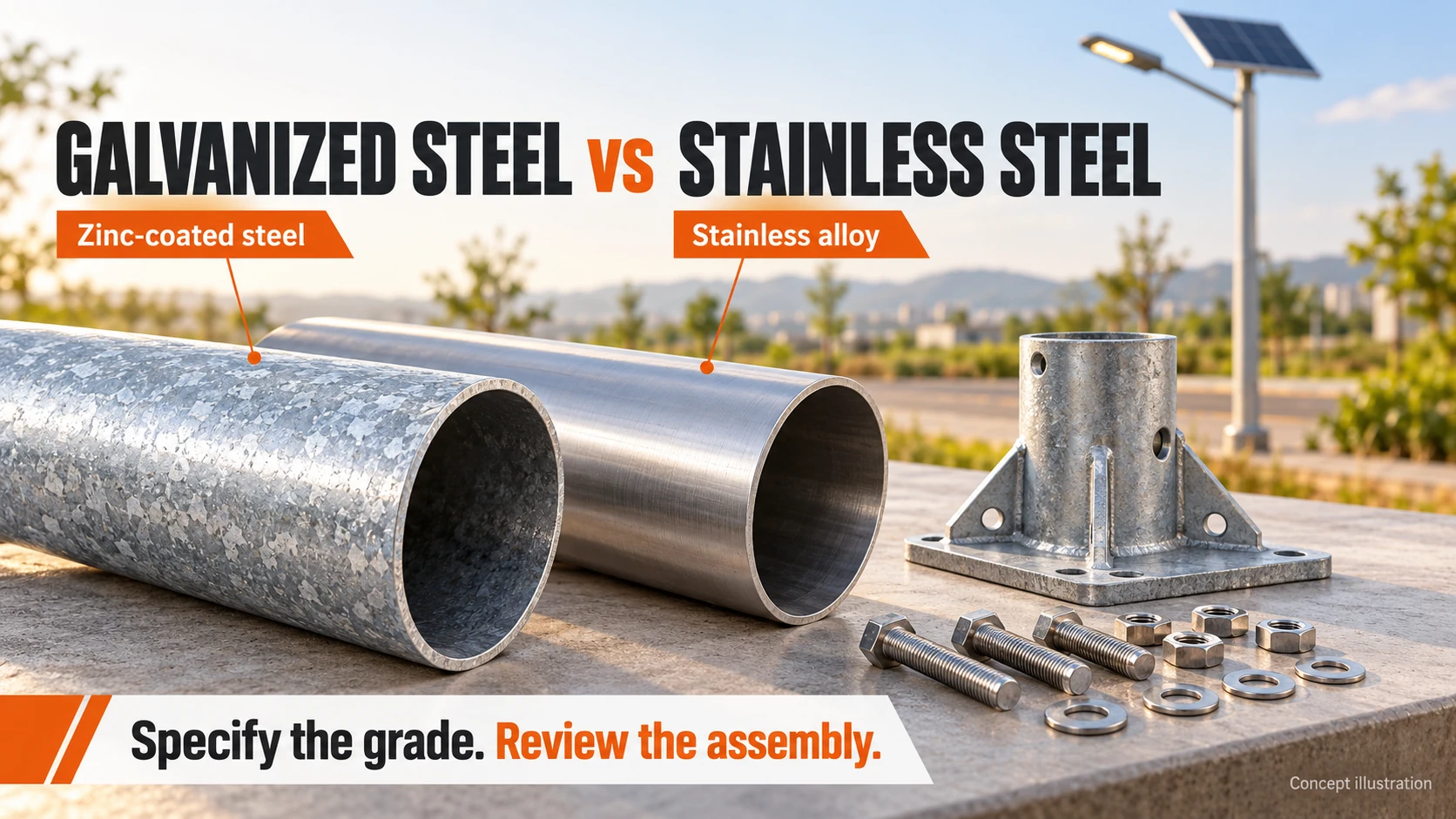 Galvanized steel vs stainless steel samples and lighting assembly documents