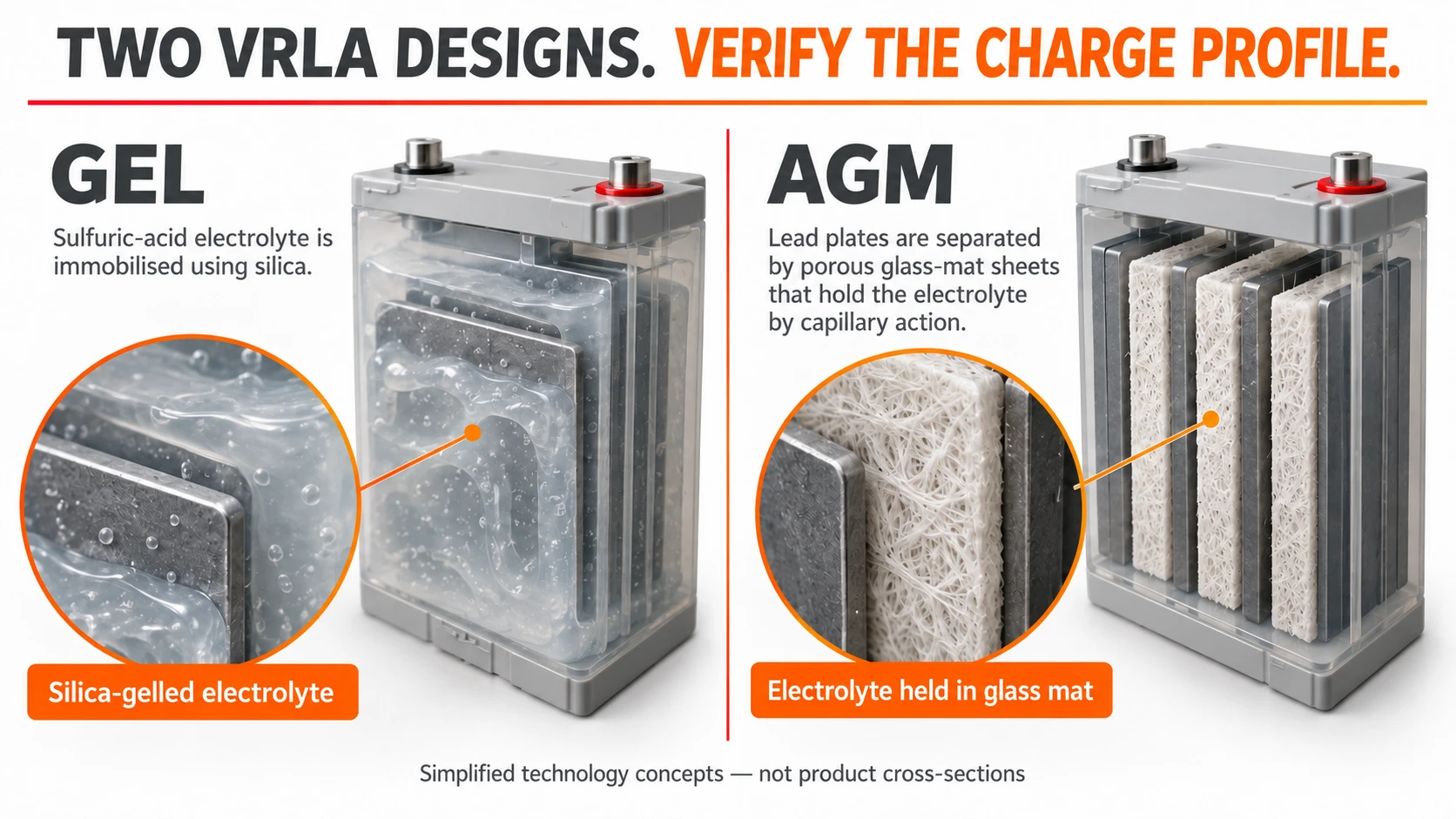 Conceptual comparison of gelled electrolyte and electrolyte held in absorbent glass mat in VRLA batteries