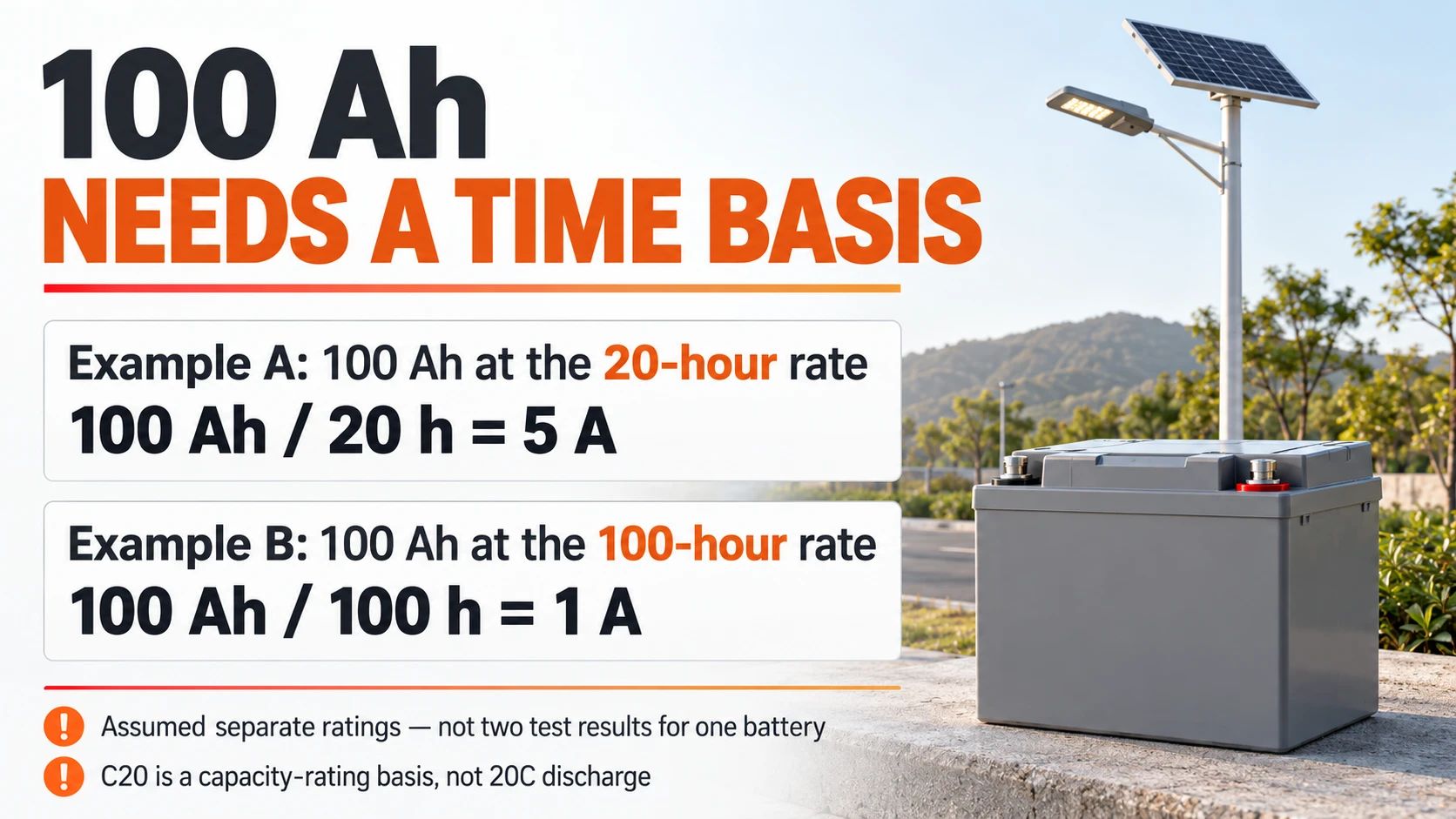 Illustrative 100 Ah ratings at 20 hours and 100 hours imply test currents of 5 A and 1 A