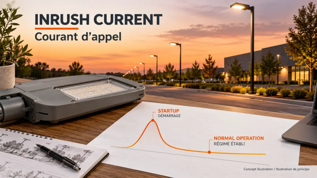 Inrush current concept showing LED lighting startup separately from normal operation