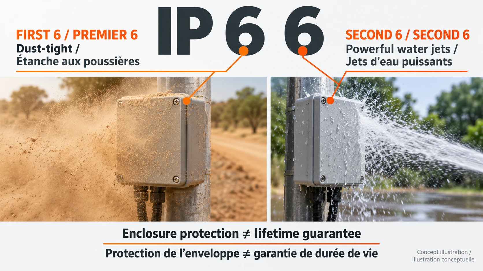 IP66 code split into dust-tight protection and protection against powerful water jets