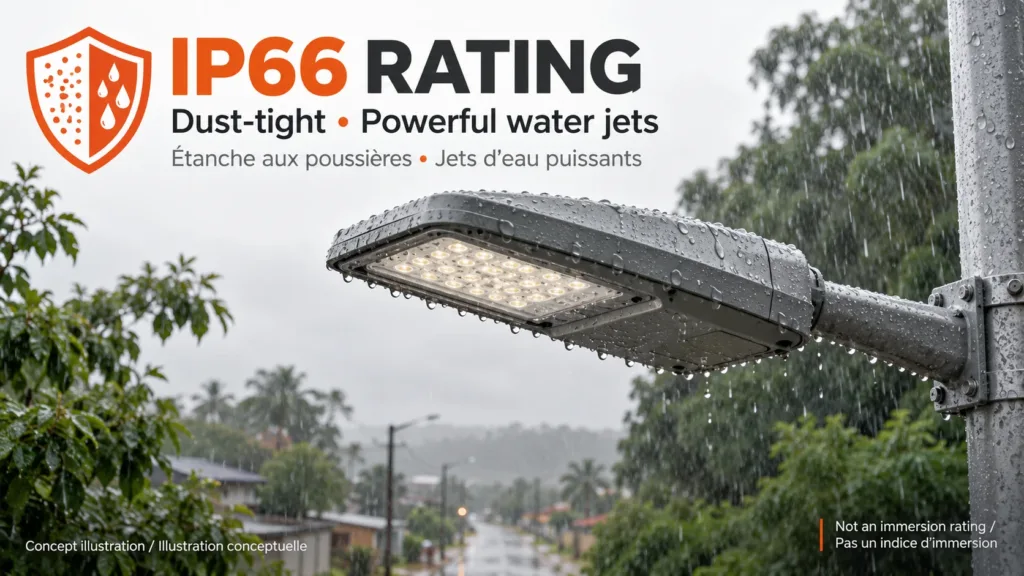 IP66 rating illustrated with a sealed outdoor luminaire exposed to rain, not immersion