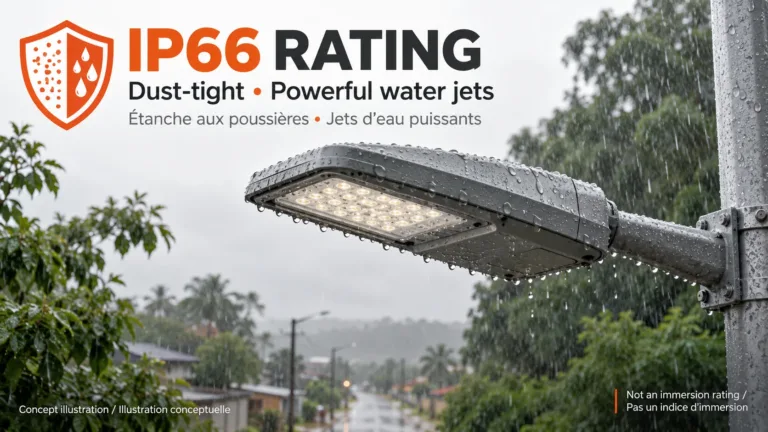 IP66 rating illustrated with a sealed outdoor luminaire exposed to rain, not immersion