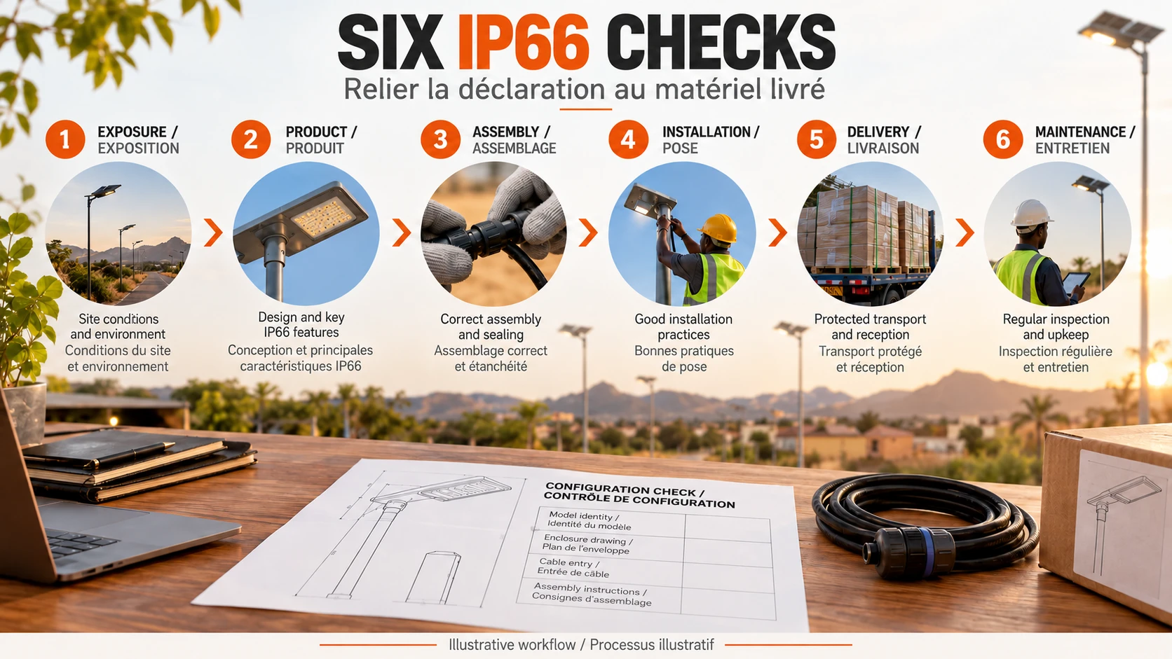 Six IP66 procurement checks linking exposure, product identity, assembly, installation, delivery and maintenance