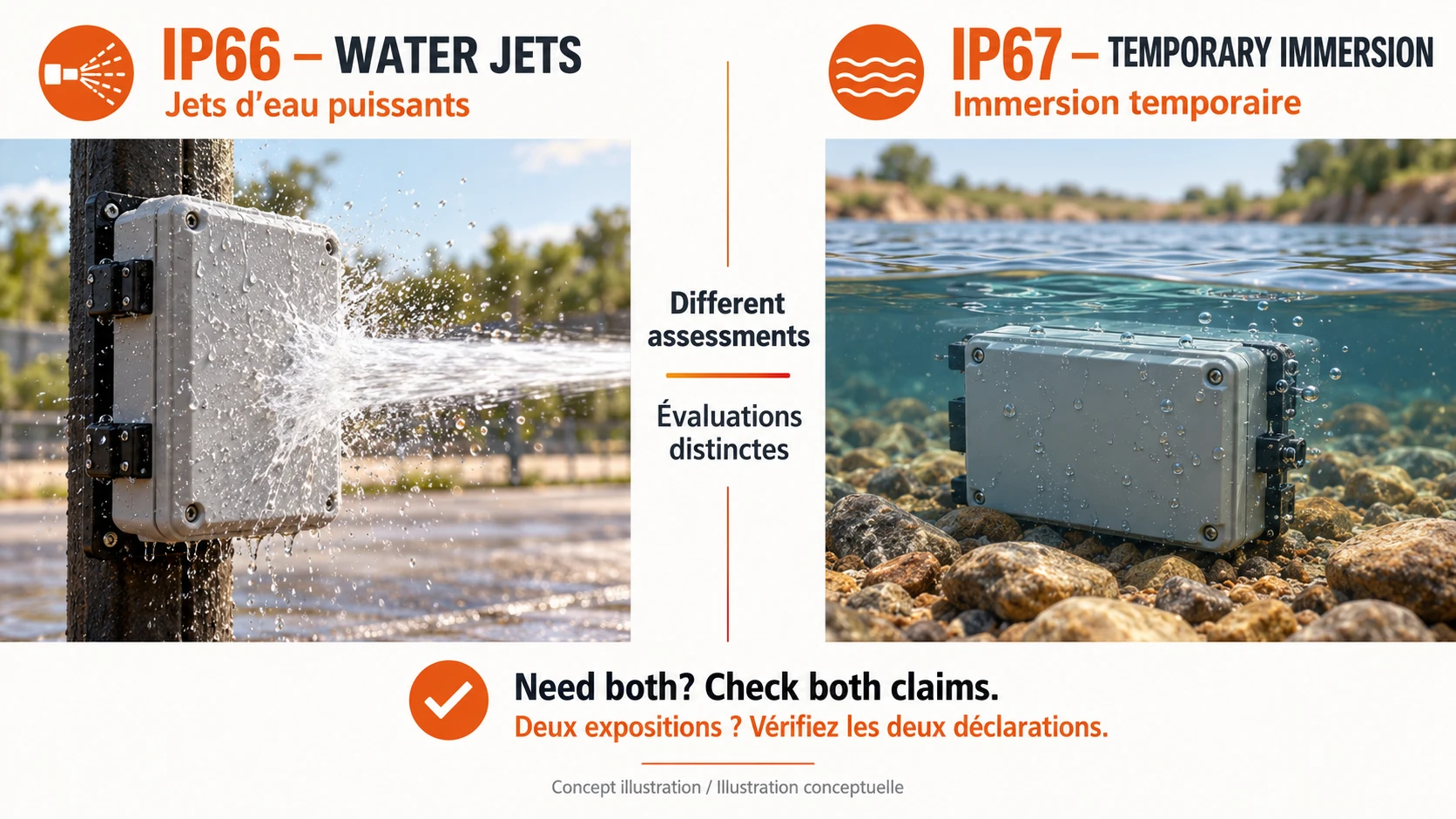 IP66 powerful water jets compared with IP67 temporary immersion as separate assessments