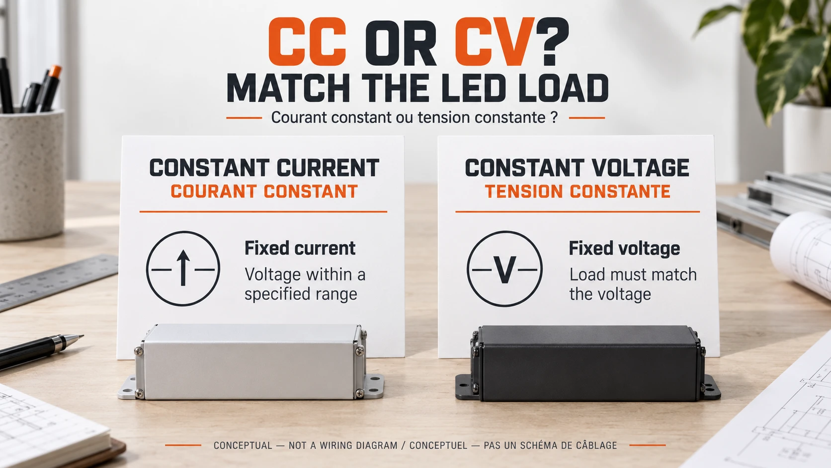 Constant-current and constant-voltage LED driver modes shown as two conceptual specification cards