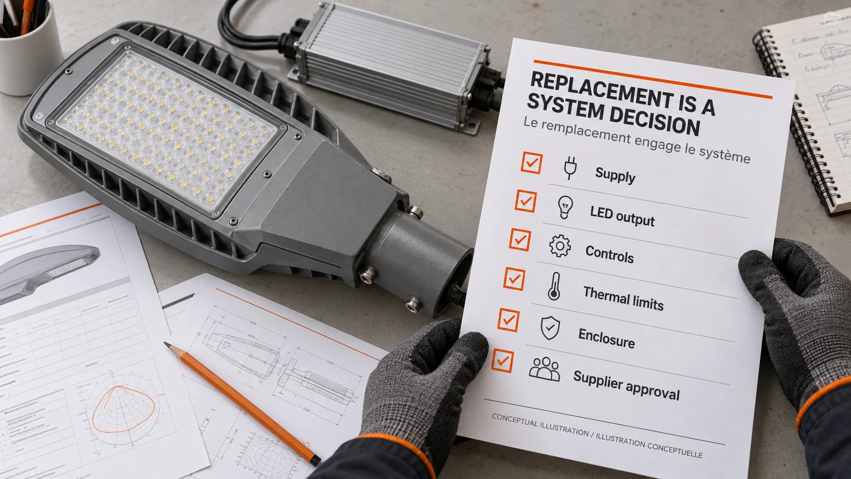 Conceptual LED driver replacement review covering supply, output, controls, thermal limits and enclosure