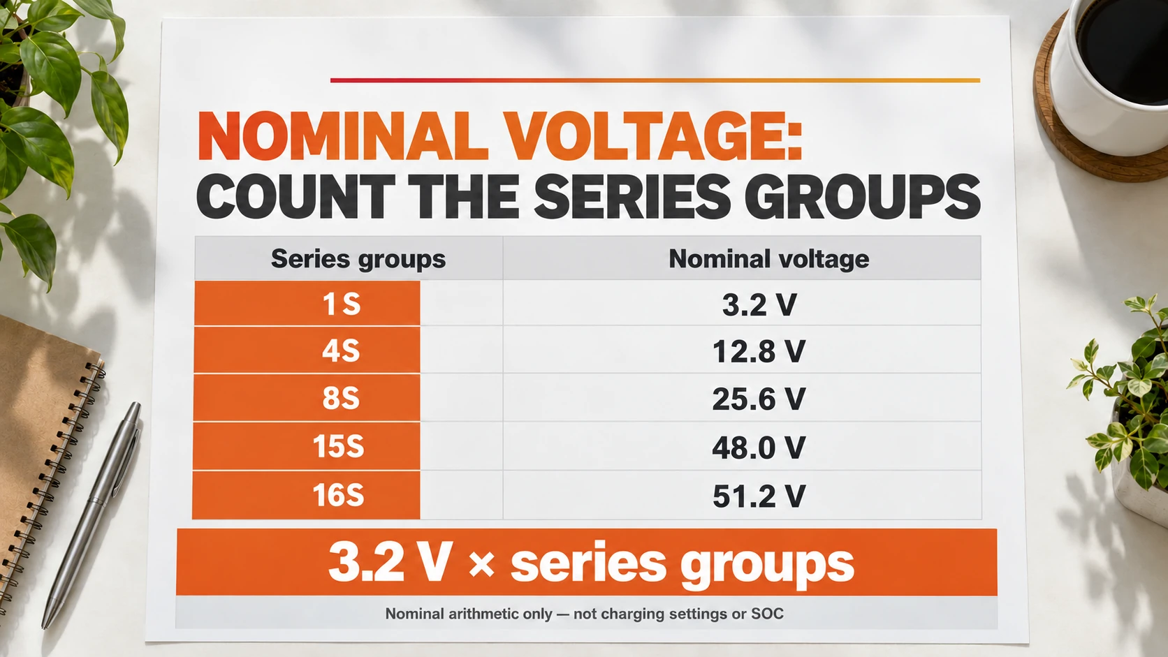 LiFePO4 nominal voltage chart showing 1S 3.2 V, 4S 12.8 V, 8S 25.6 V, 15S 48.0 V and 16S 51.2 V