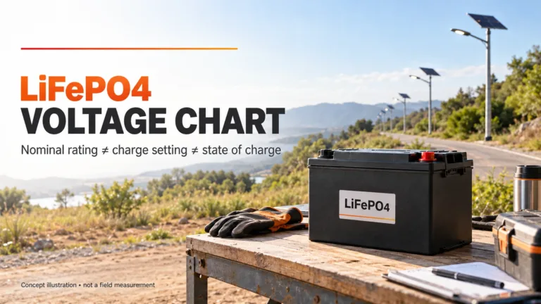 LiFePO4 voltage chart guide beside a sealed solar lighting battery and a conceptual street-light scene