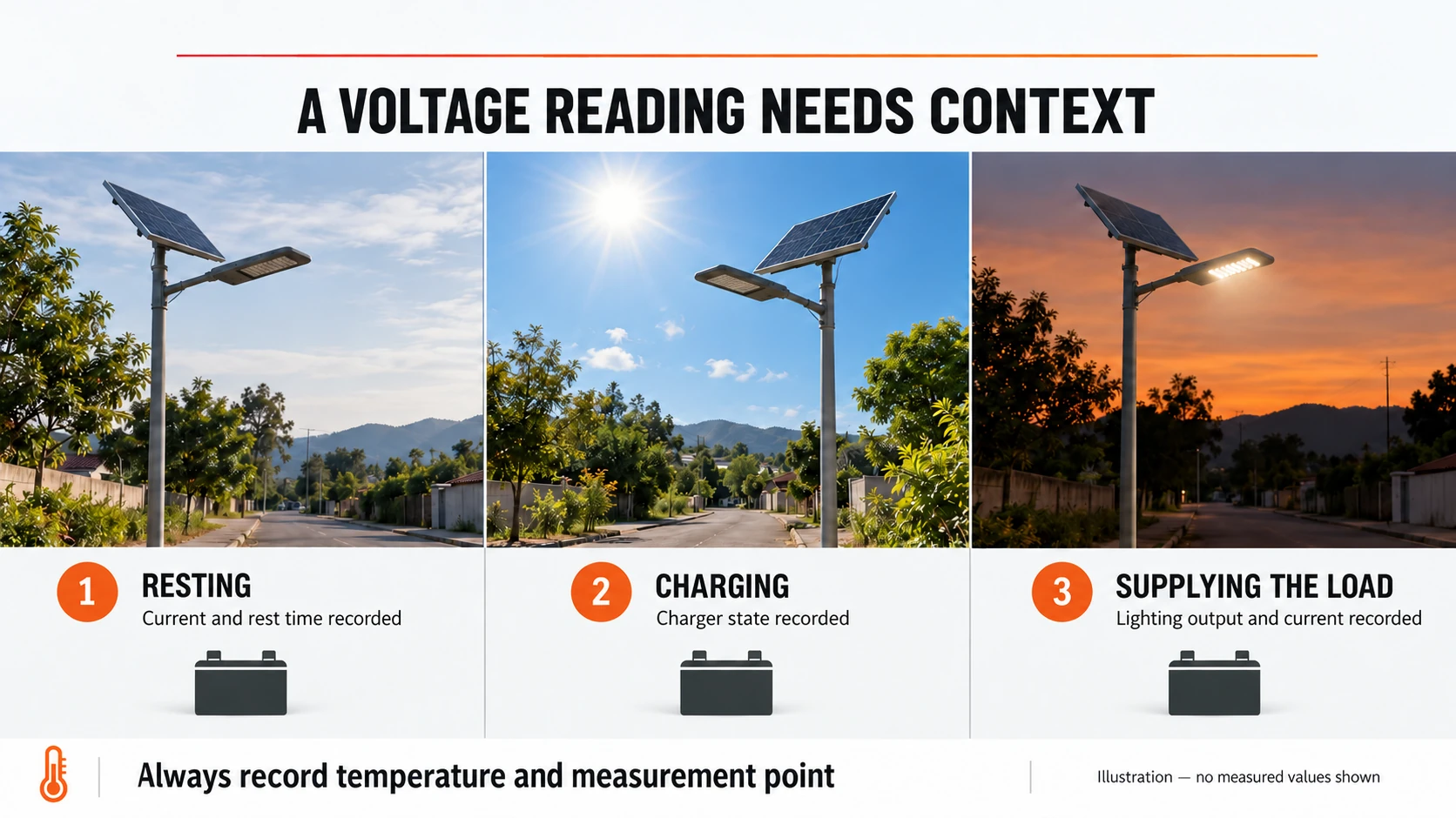Three conditions to record with a LiFePO4 voltage reading: resting, charging and supplying the lighting load