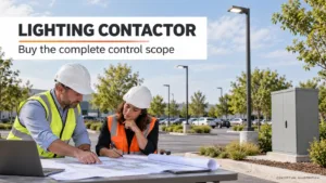 Lighting contactor procurement review with a closed cabinet and outdoor LED parking lights