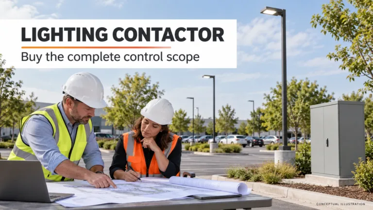 Lighting contactor procurement review with a closed cabinet and outdoor LED parking lights