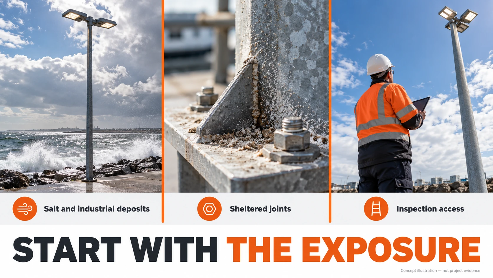 Lighting pole procurement review of coastal deposits, sheltered joints and maintenance access