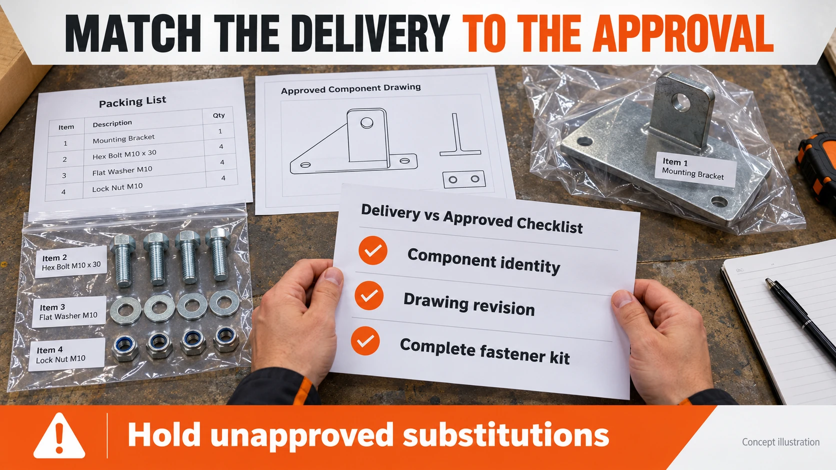Lighting component delivery review matching labels, drawing revision and fastener kit