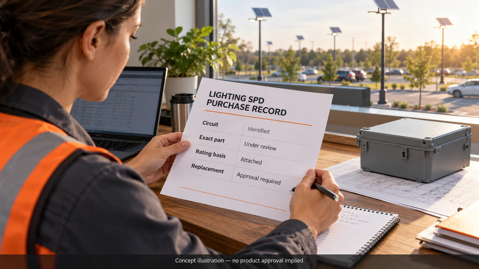 Lighting SPD purchase record linking circuit identification to approved component selection