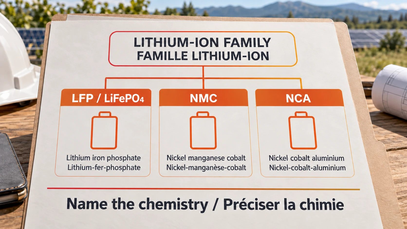 Lithium-ion family map with LFP, NMC and NCA as separate cathode chemistry branches
