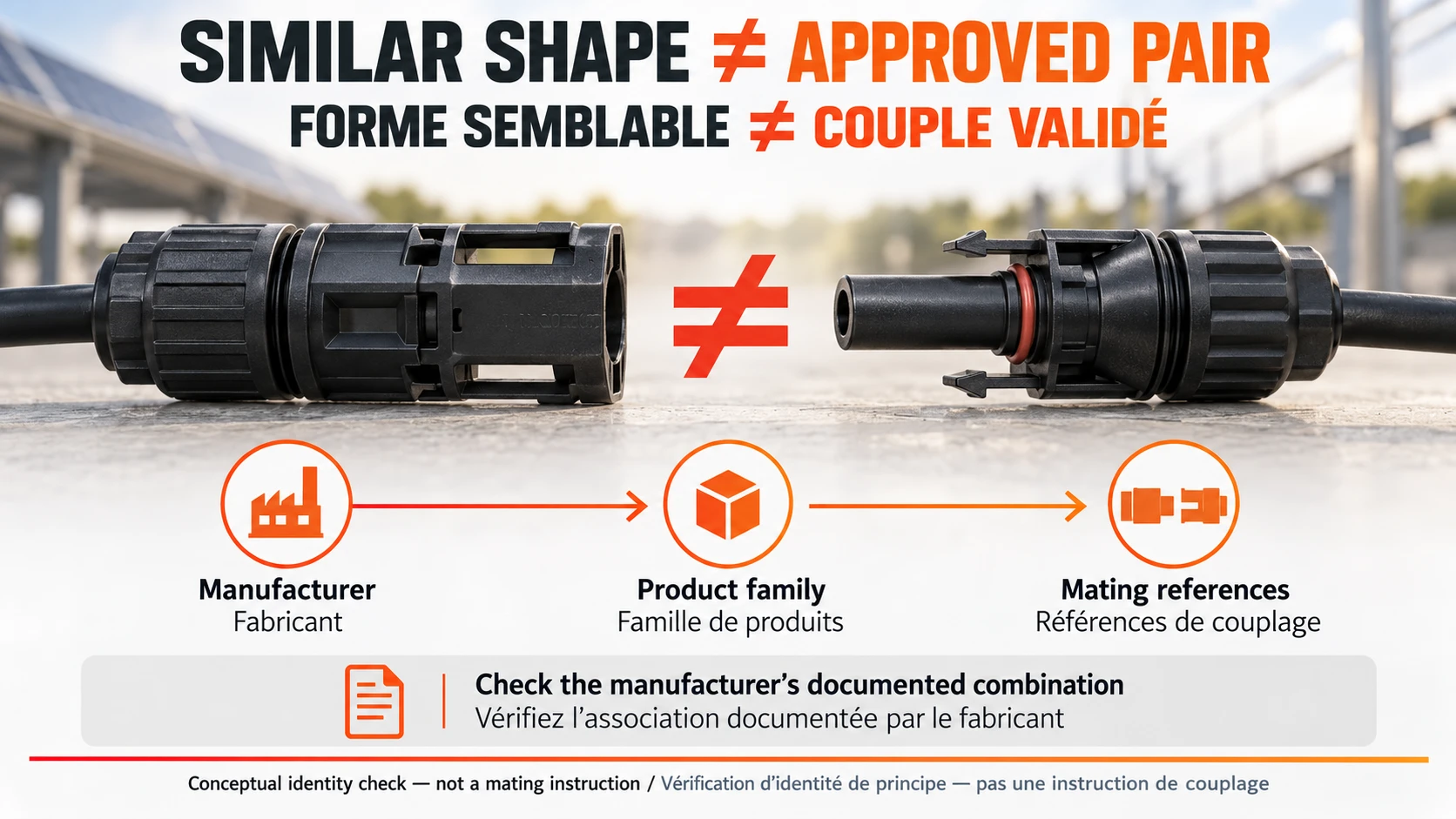 PV connector review showing that similar shapes do not establish approved mating compatibility