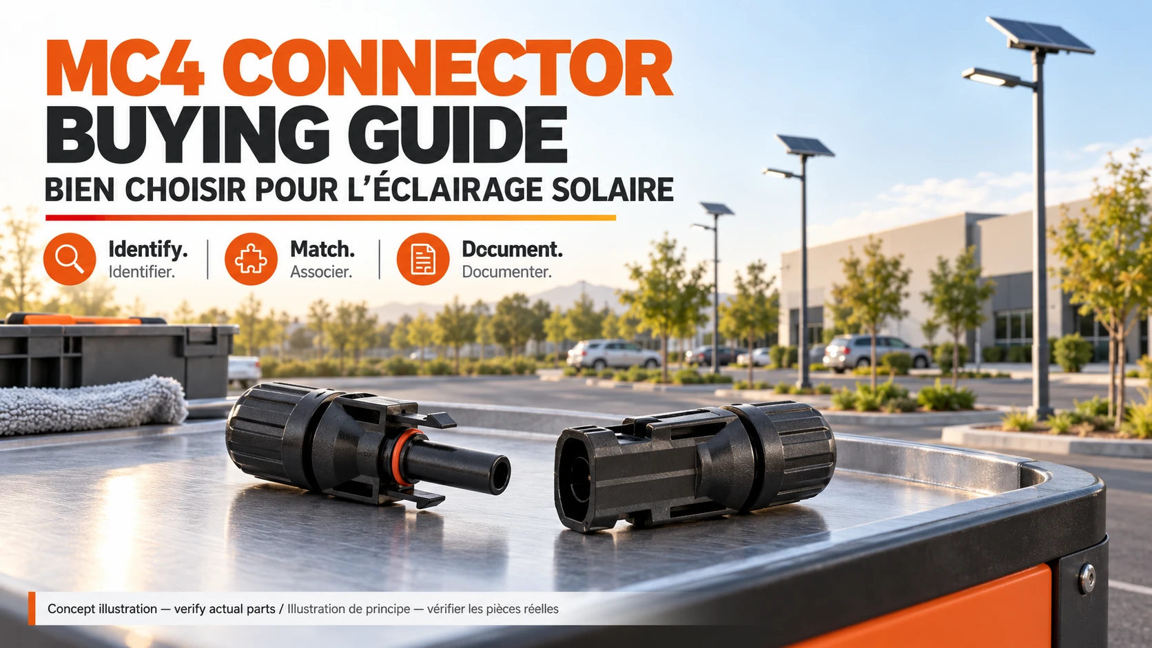 MC4 connector buying guide with conceptual PV cable connectors and solar street lighting