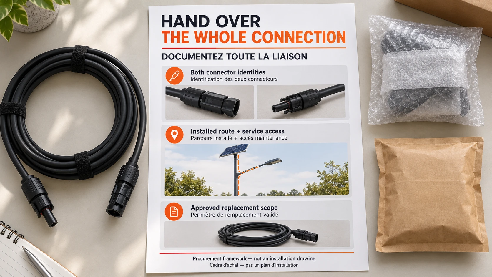 Conceptual solar-light cable assembly handover with connector identity, route length and replacement records