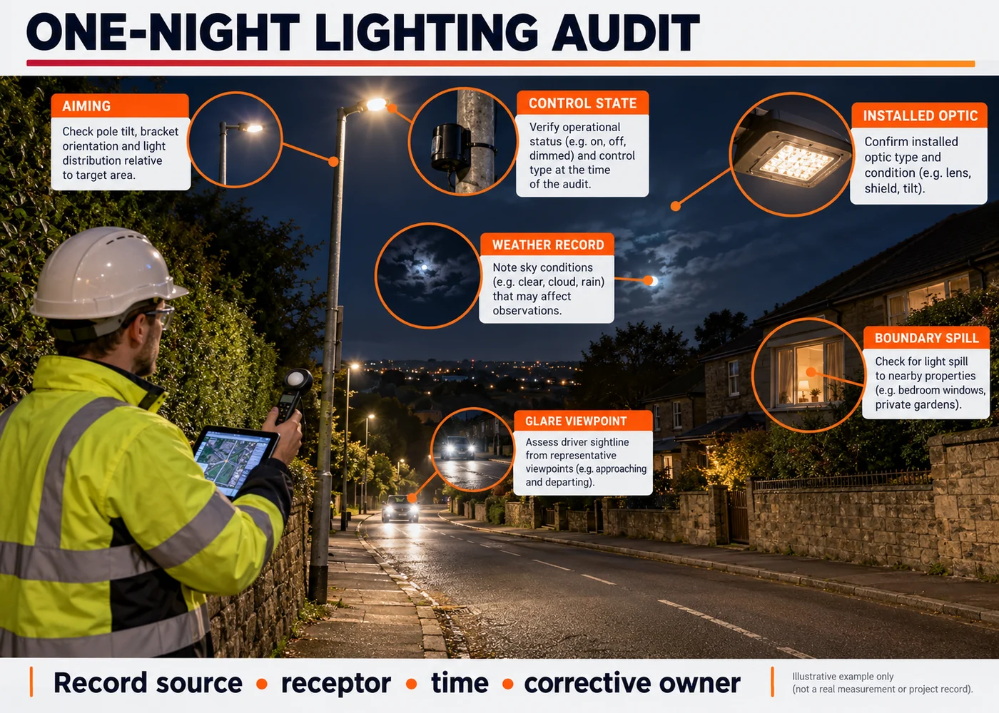 Night lighting audit checking aiming, controls, glare, spill and installed optics