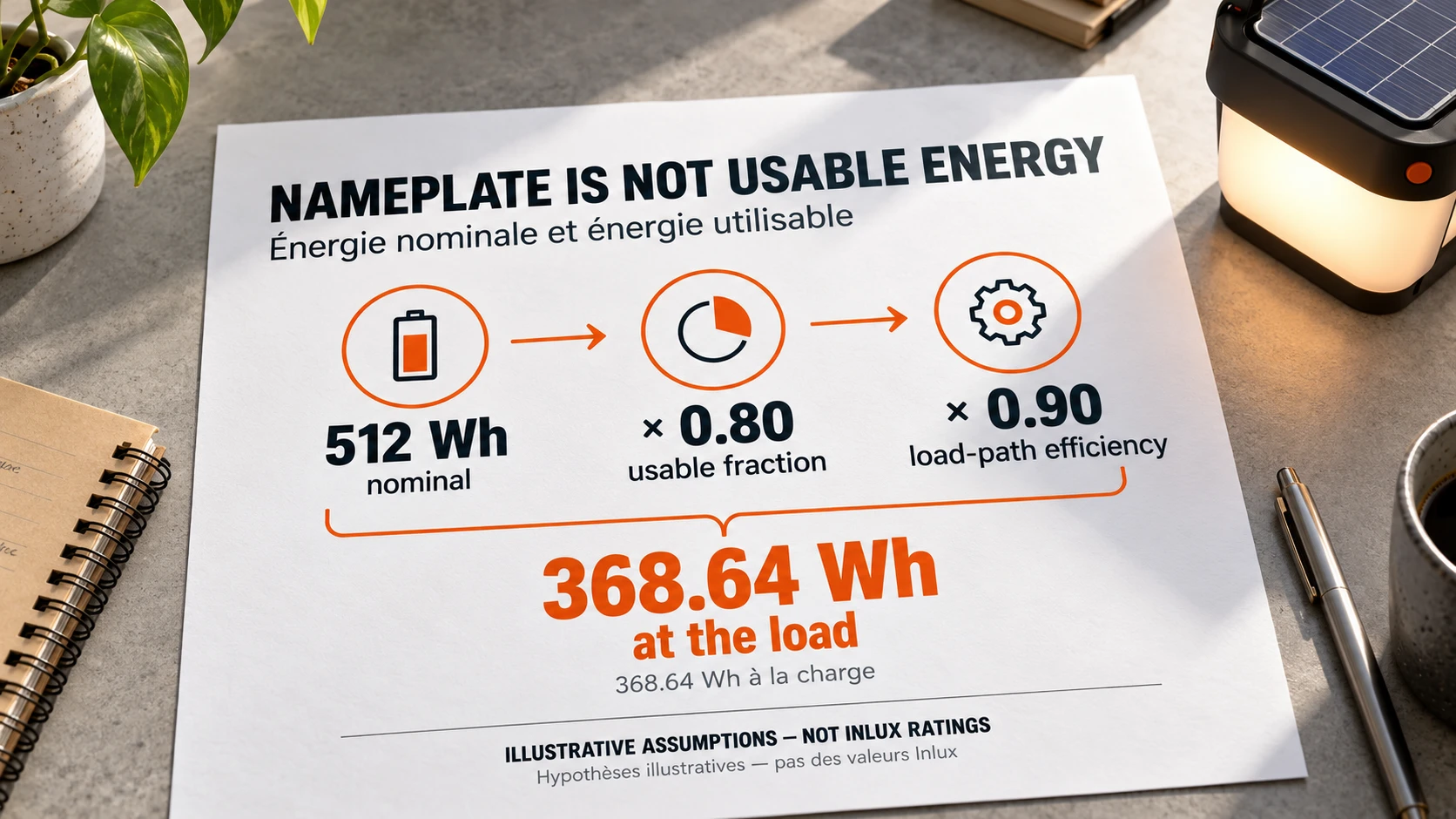 Illustrative energy budget converts 512 Wh nominal capacity to 368.64 Wh at the load using stated assumptions
