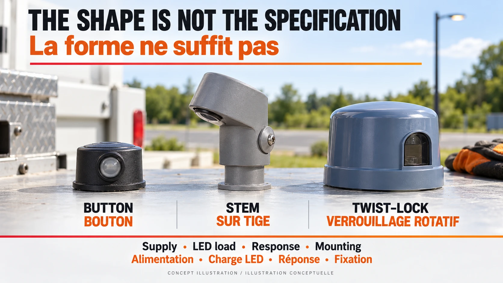 Illustrative button, stem-mounted and twist-lock lighting photocontrol housings without wiring details